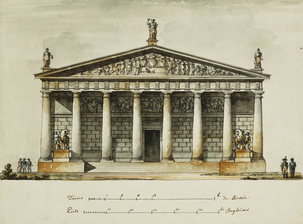 At Muhafızları Binicilik Okulu Tasarımları, St. Petersburg: Yükseklikler, Kesit ve Zemin Planı, by Giacomo Quarenghi