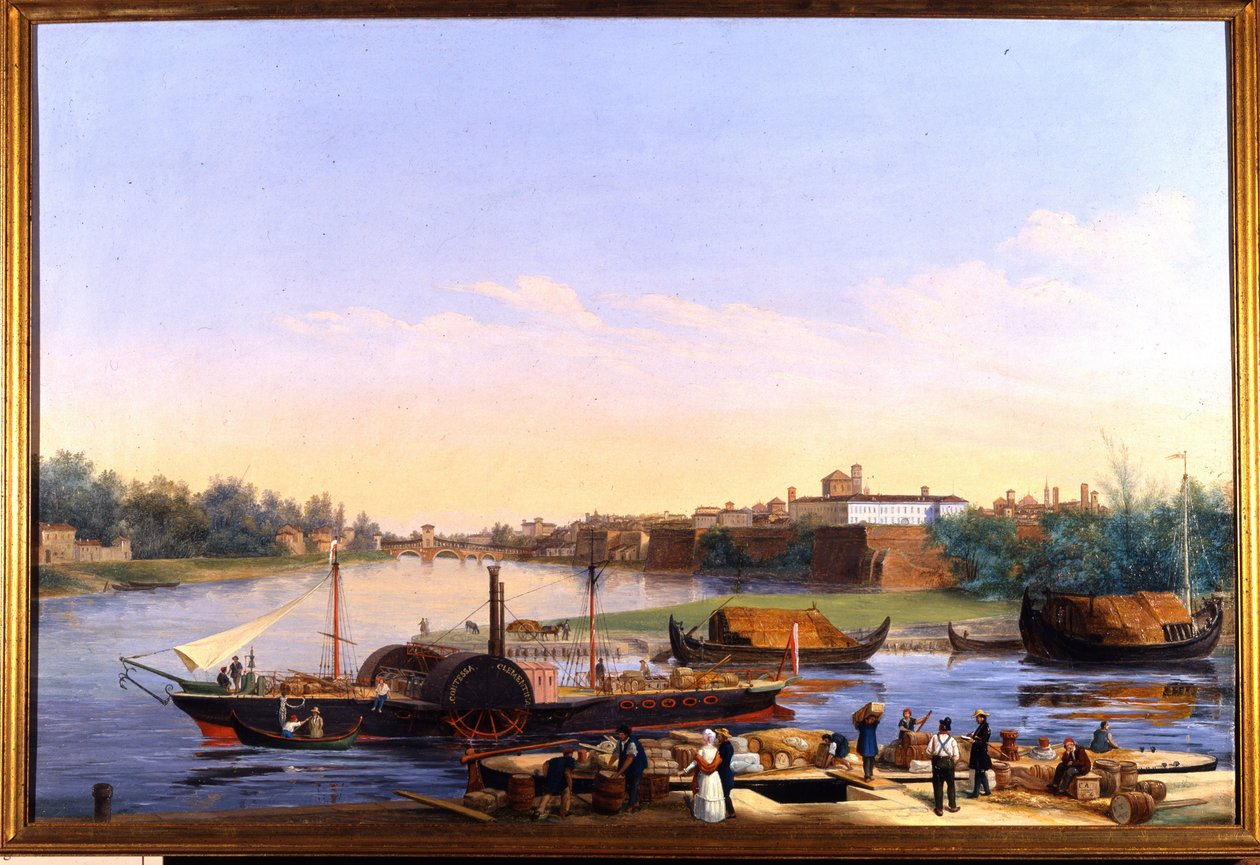 Po üzerinde Pavia (Pavia) limanının görünümü ve Principessa Clementina vapuru””””” Giacomo Trecourt (1812-1882) tarafından resim 19. yüzyıl by Giacomo Trecourt