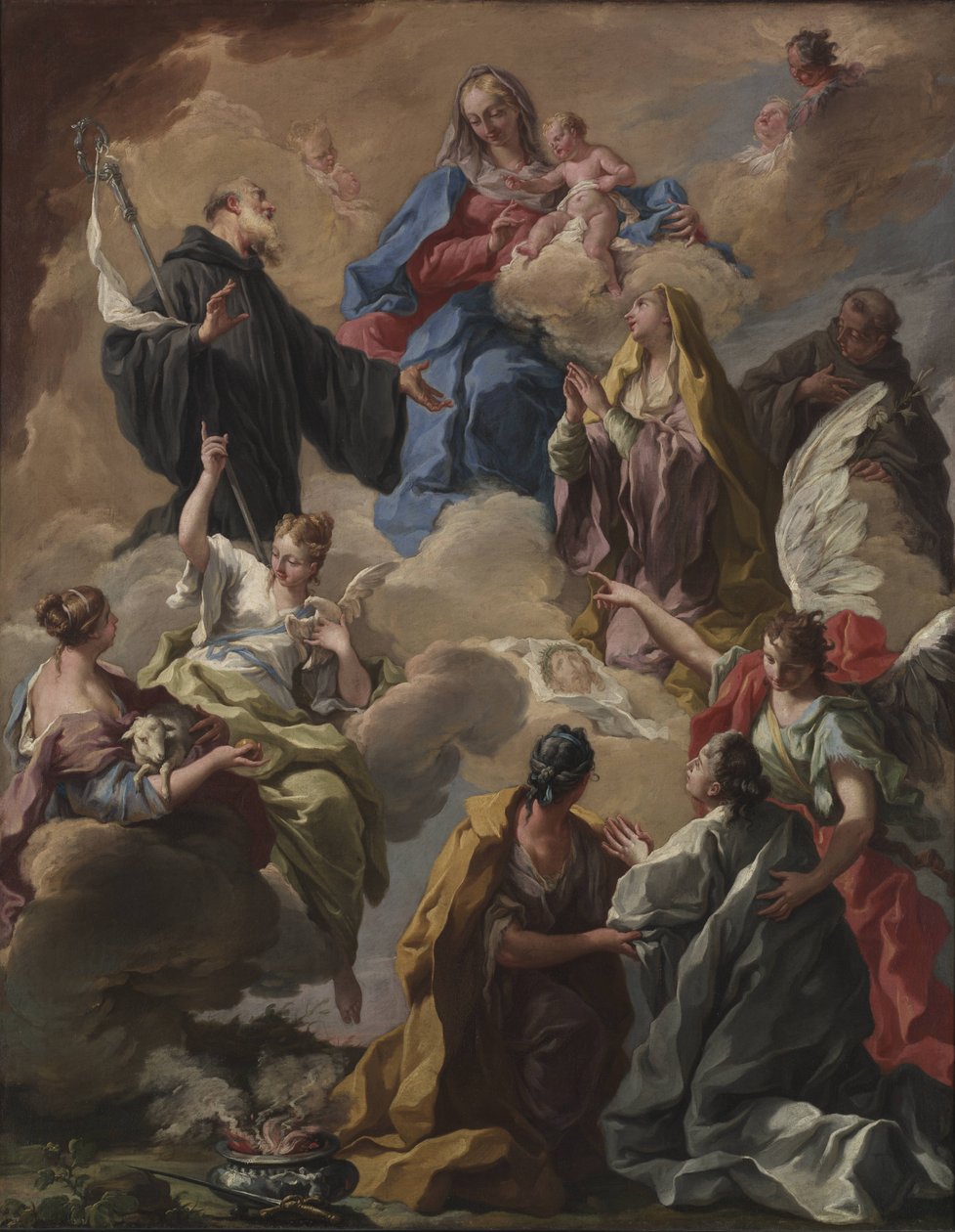 Bakire ve Çocuğa Dindar Bir Kadın Sunan Azizler by Giambattista Pittoni