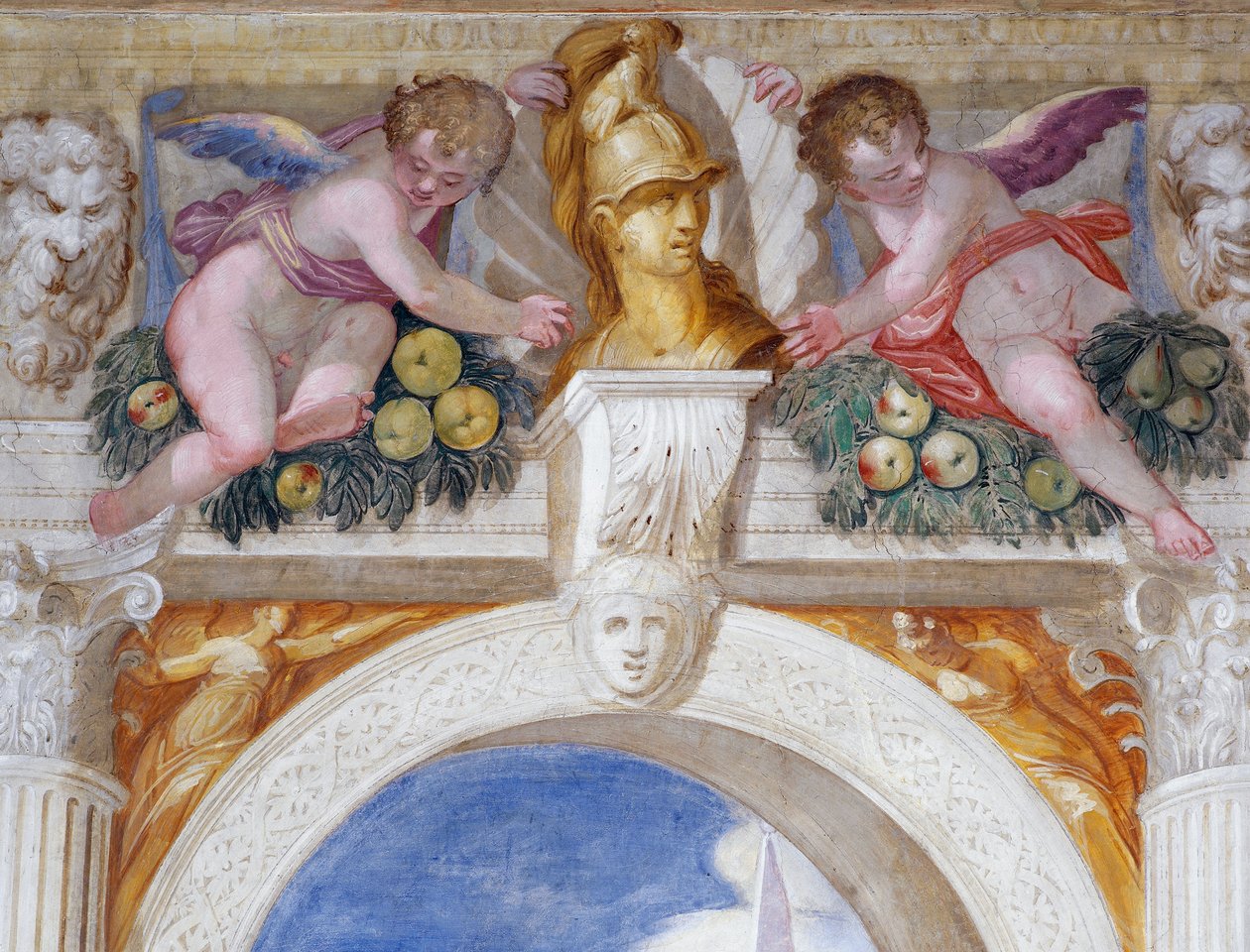 Mascaronlar ve meyve süsleri arasında bir kahraman büstü olan putti by Giambattista Zelotti
