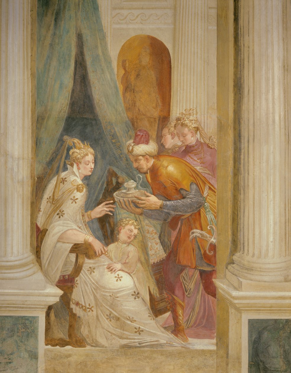 Sophonisba'yı çocuğuyla birlikte bir sonraki zehir kabını alırken gösteren sağ duvar (fresk) by Giambattista (1526 78) Zelotti