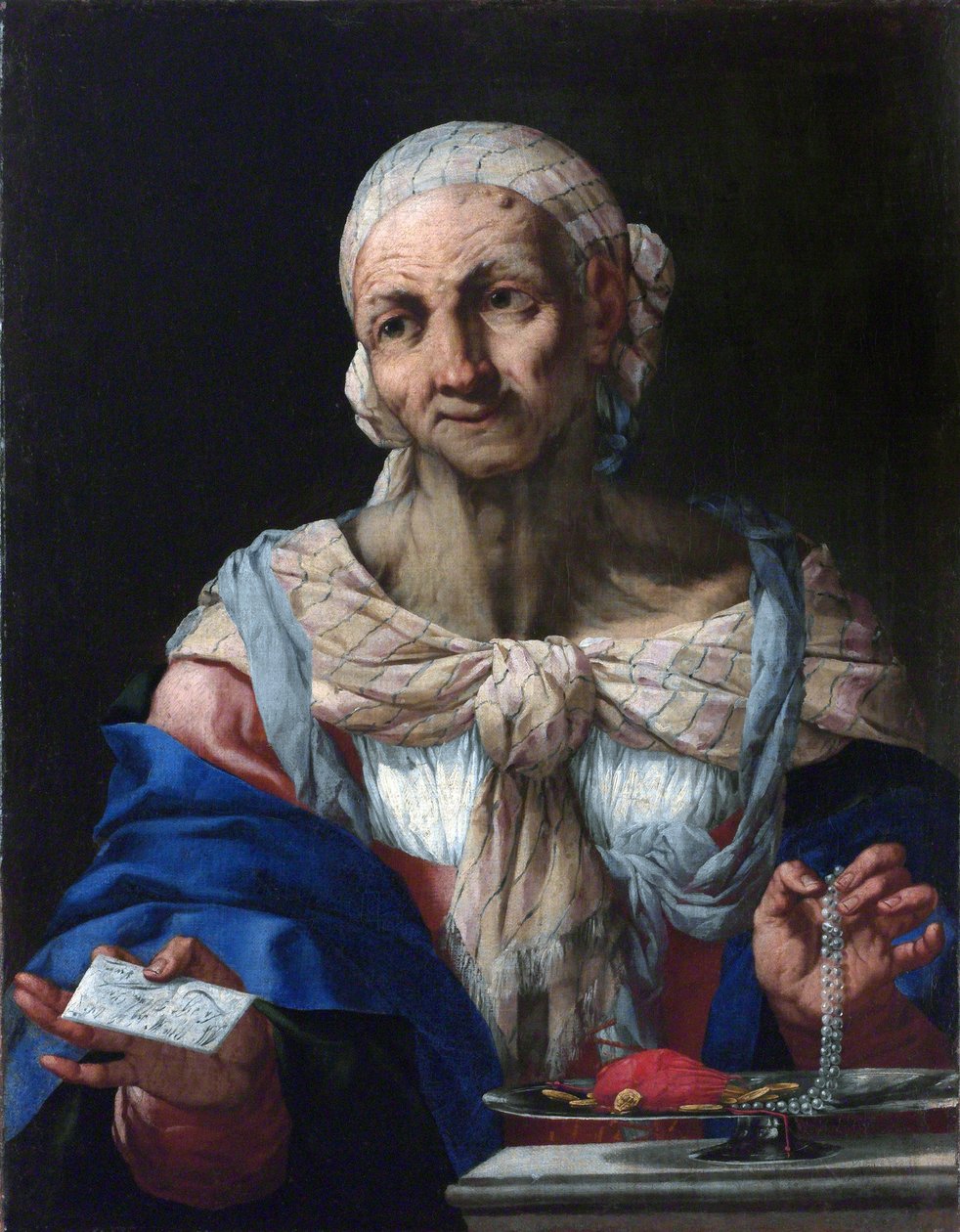 İnci Kolyeli ve Harfli Yaşlı Kadın (Vanitas) - İnci Kolyeli ve Harfli Yaşlı Kadın (Vanitas) - Giovan Battista Langetti (1635-1676). Tuval üzerine yağlı boya, yaklaşık 1663. Ulusal Galeri, Prag by Giambattista Langetti