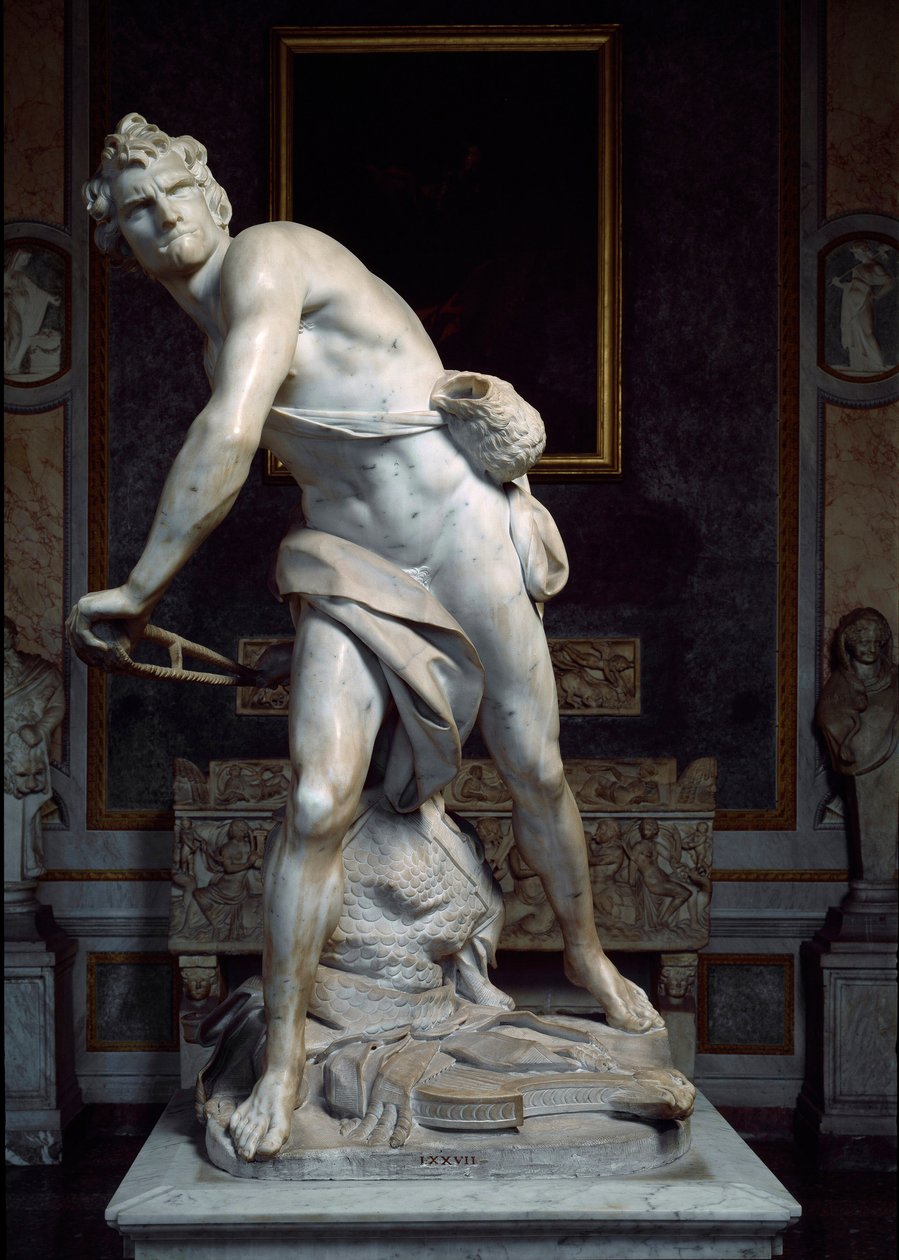 David, Gian Lorenzo Bernini dit Le Bernin (1598-1680) tarafından yapılan Sapan Taşı Barok heykelini fırlatıyor by Gian Lorenzo Bernini