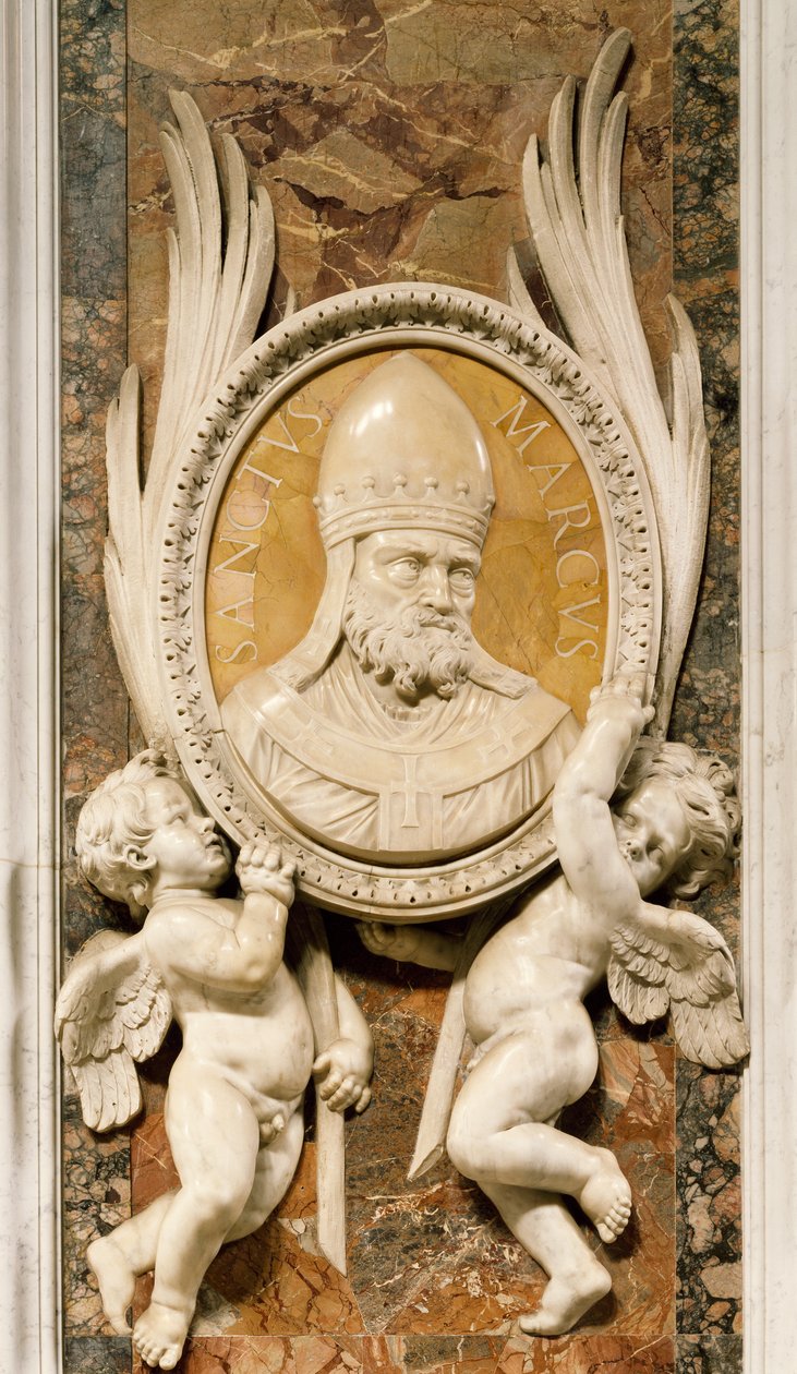 San Marco, Gian Lorenzo Bernini (1598-1680) tarafından kabartma, ana koridor sütunları boyunca mermer dekorasyonun detayı, Aziz Petrus Bazilikası, Roma, Vatikan by Gian Lorenzo Bernini