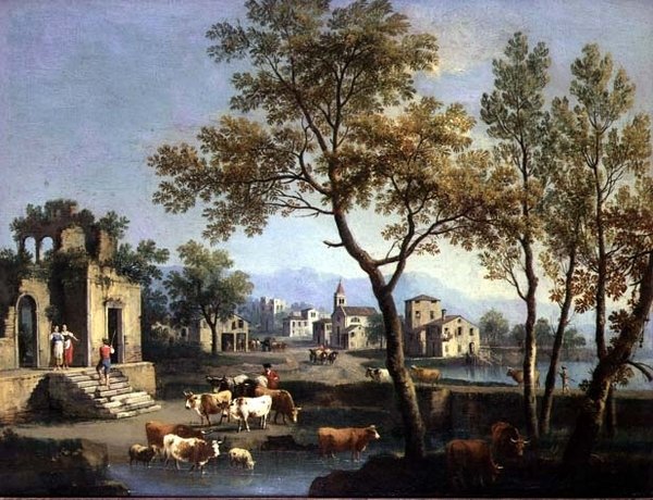 Köylü ve Sığırların Olduğu Bir Köy Sokağı by Gianbattista Cimaroli