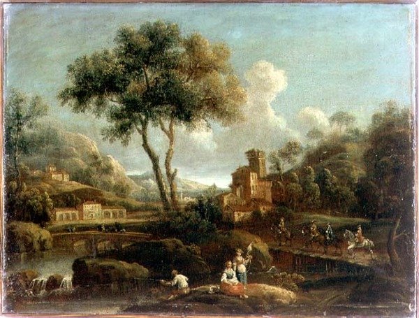 Gezginlerle ormanlık bir nehir manzarası by Gianbattista Cimaroli