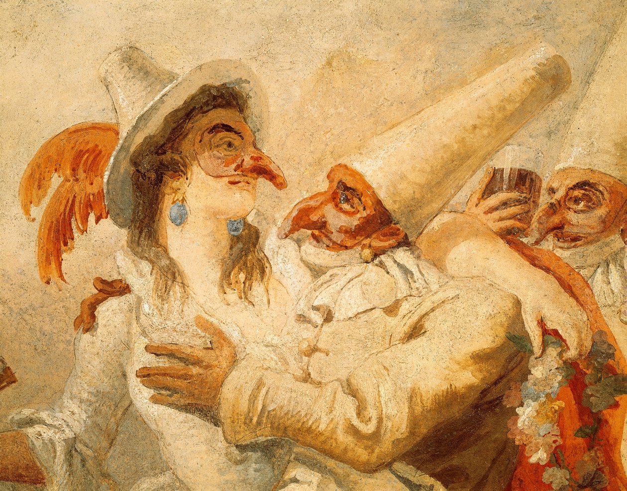 Giandomenico Tiepolo Karnavalı (1727-1804), fresk, üç maskeli detay, Ca' Rezzonico Palazzo, Venedik by Giandomenico (1727 1804) Tiepolo