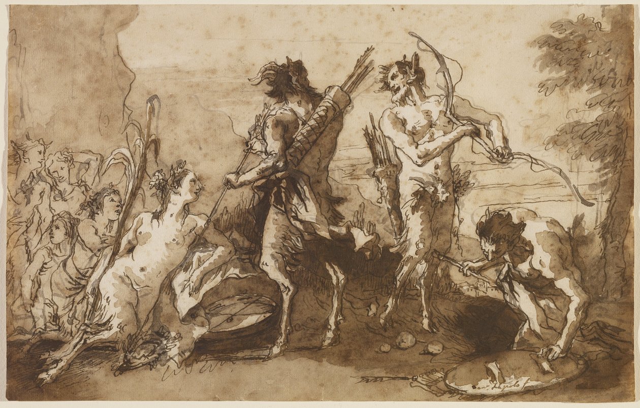 Bir Manzarada Satirler ve Satirler, c.1770 (döşemiş kağıt üzerinde kahverengi ve gri yıkamalar ile kalem ve demir safra mürekkebi) by Giovanni Domenico Tiepolo