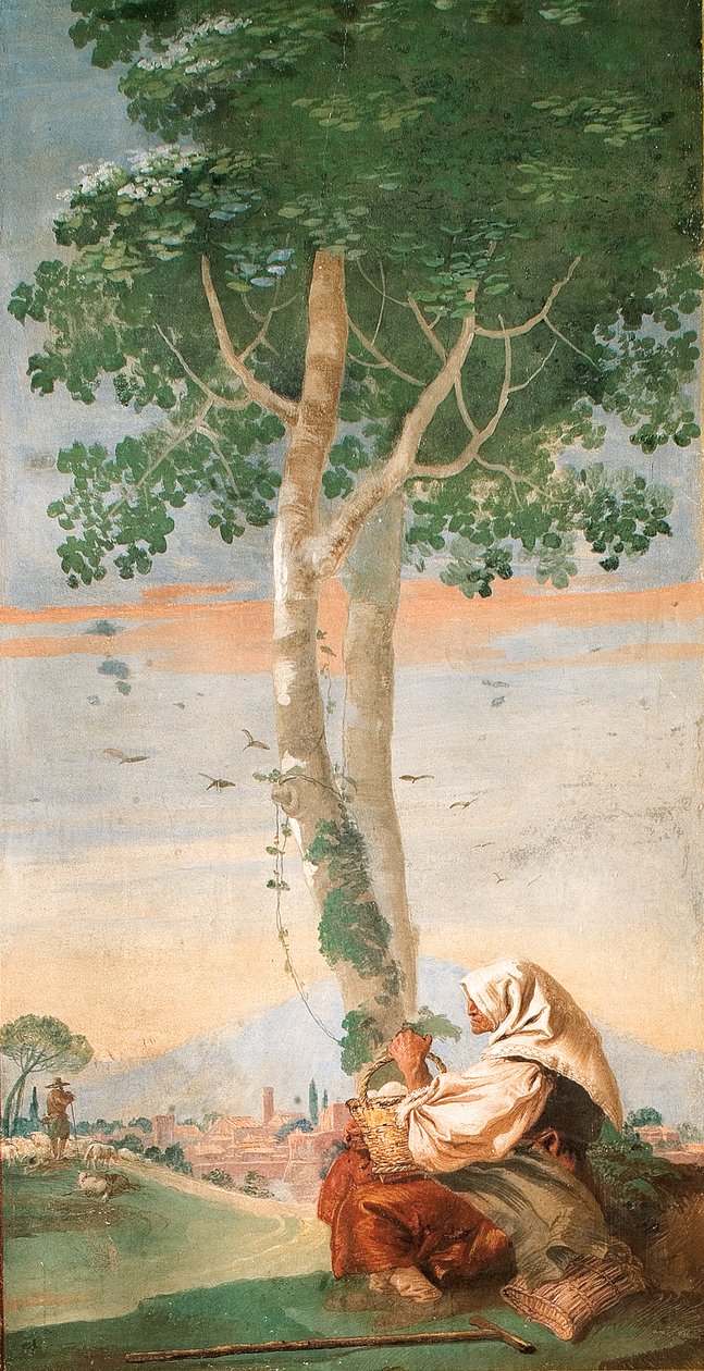 Bir Ağacın Altında Oturan Yaşlı Köylü Kadın Elinde Yumurta Sepeti, Köy Manzaraları Odasından, 1757 by Giovanni Domenico Tiepolo