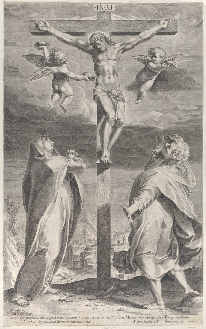 Meryem Ana ve Evangelist Aziz John ile çarmıha gerilme, tepedeki melekler, yaklaşık. 1593., yaklaşık 1593 by Gijsbert Van Veen