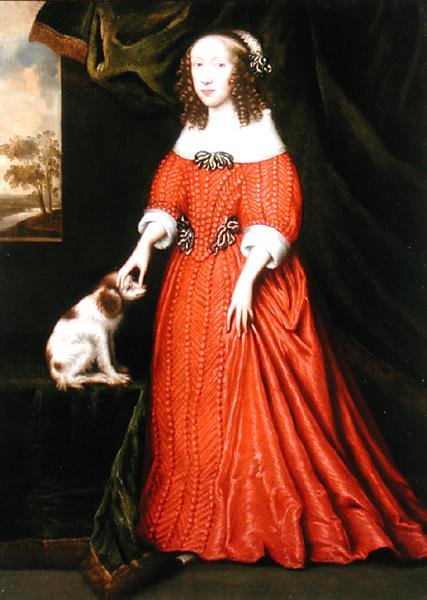Bir evcil hayvan Spaniel ile Kırmızı Elbiseli Genç Bir Hanımın Portresi (tuval üzerine yağlı boya) by Gilbert (attr.to) Jackson