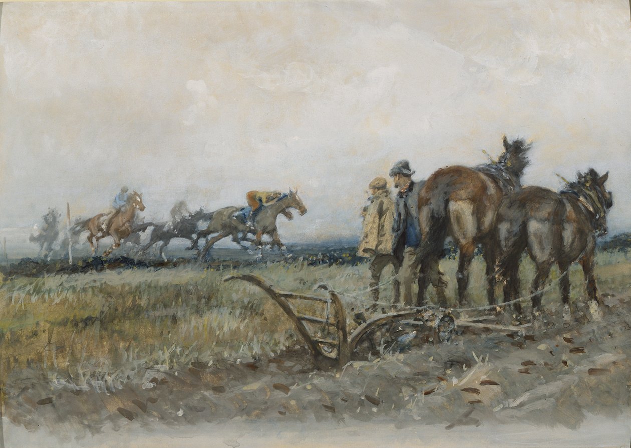 Ploughmen Tarafından İzlenen Egzersizde Yarış Atları (gemide wc ve guaj boya) by Gilbert Holiday