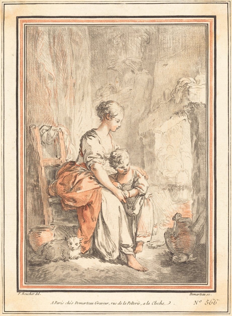 Şöminenin Önünde Kadın ve Çocuk by Gilles Antoine Demarteau after François Boucher
