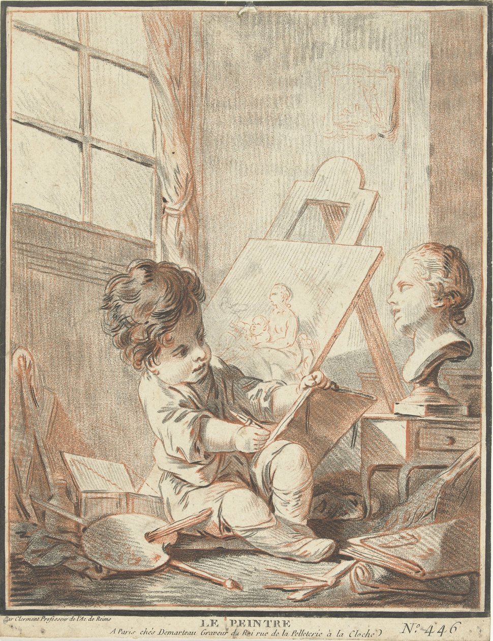 Kind als schilder atölyede Le peintre (nesne üzerindeki başlık) by Gilles Demarteau