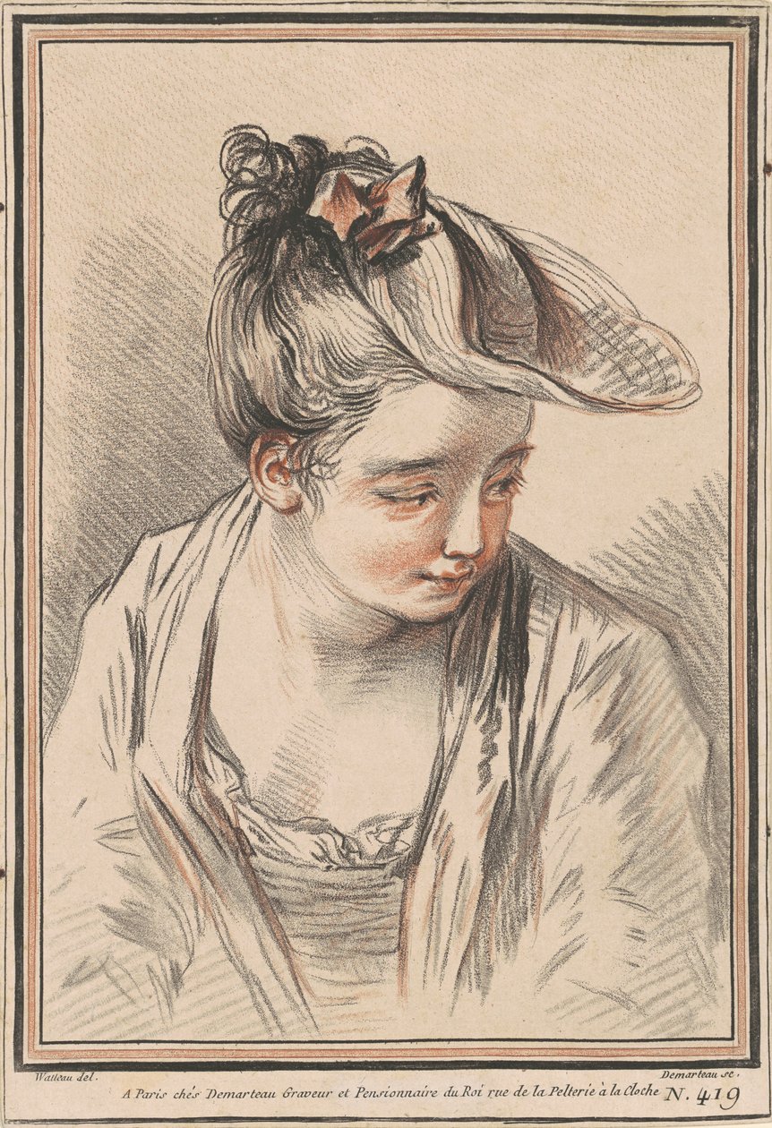 Şapkalı Genç Bir Kadının Başı by Gilles Demarteau the Elder after Antoine Watteau