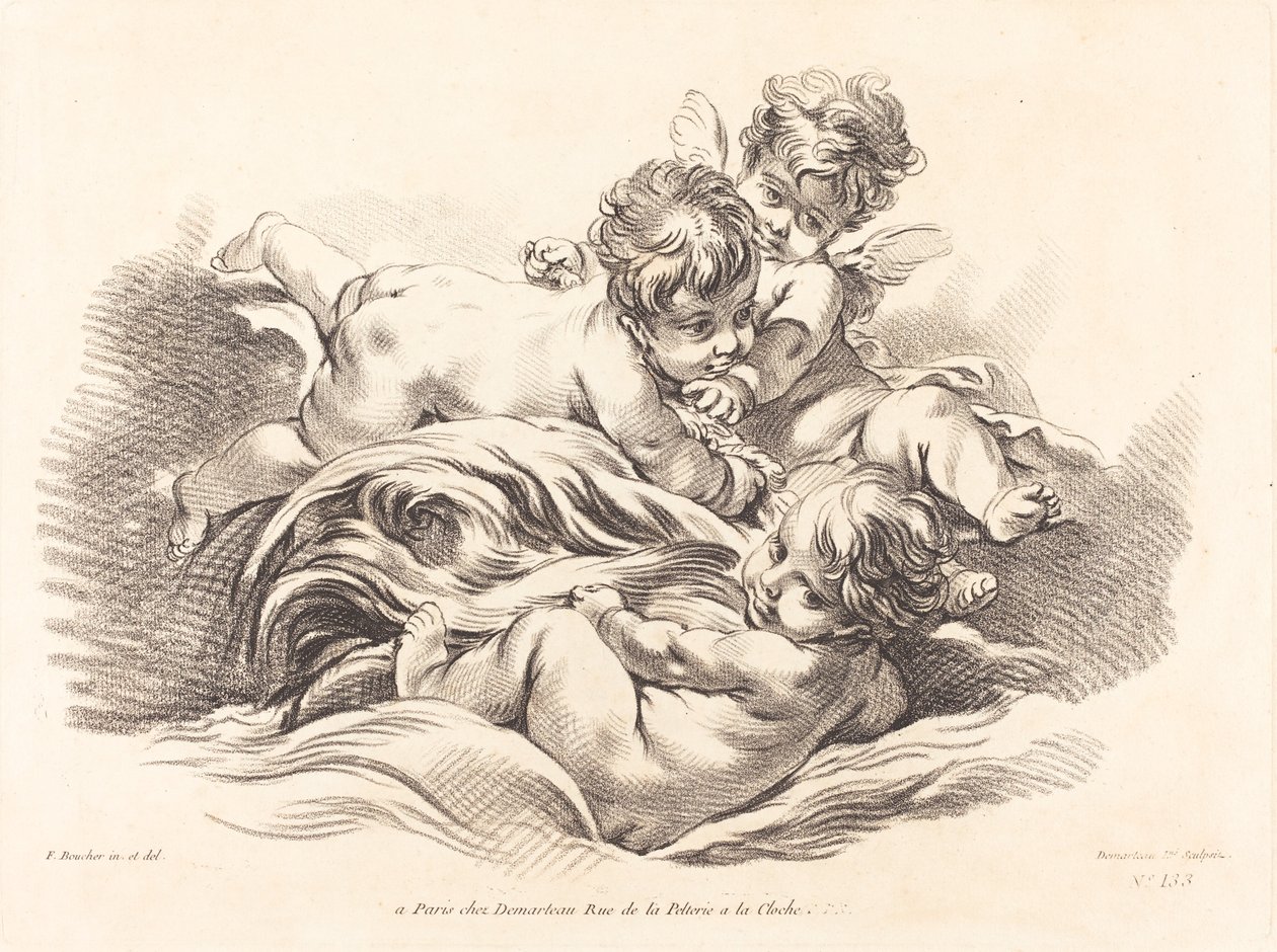 Yunus Gibi Dalga Üzerinde Oynayan Üç Melek by Gilles Demarteau, the Elder after François Boucher
