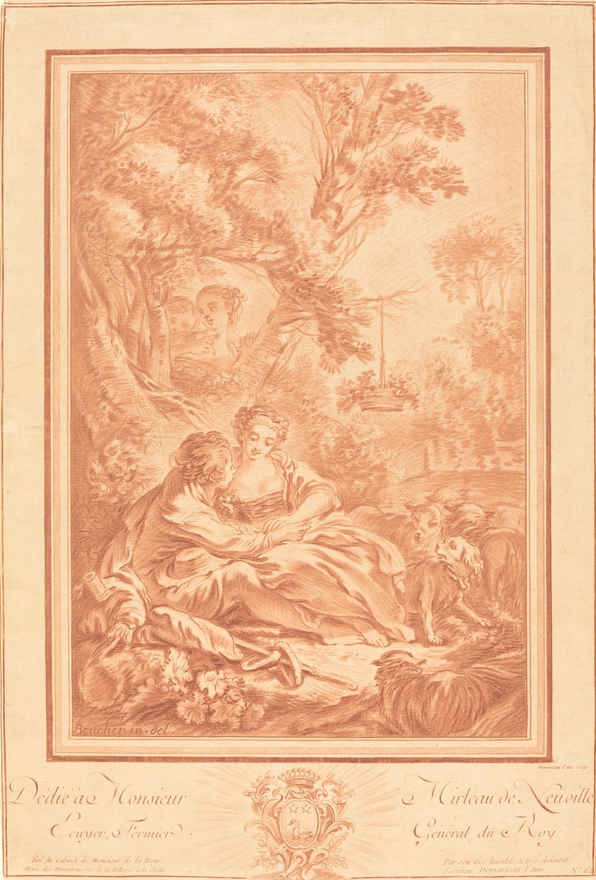 Büyük Bir Ağacın Eteğinde Oturan İki Sevgili, İki Kıza Şaşırdı by Gilles Demarteau, the Elder after François Boucher