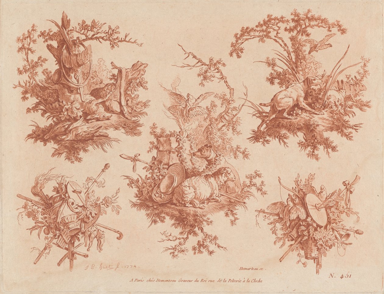 Av, Aşk ve Delilik Temalı Beş Kupa by Gilles Demarteau, the Elder, and Jean Baptiste Hüet