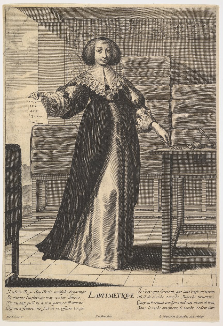 Aritmetik: bir masada duran, üzerinde i..., 1633-35 yazılı bir sayfa tutan genç bir kadın. by Gilles Rousselet