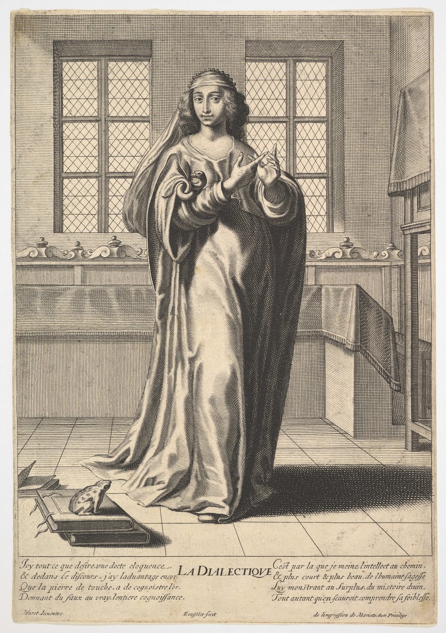 Diyalektik: süslü bir iç mekanda duran ve sağ dizinine dokunan genç bir kadın ..., 1633-35. by Gilles Rousselet