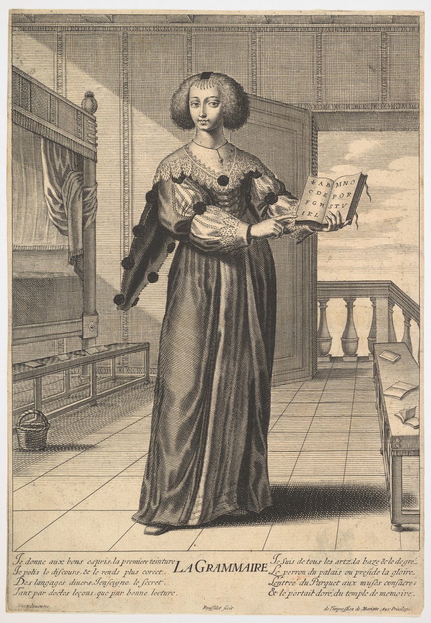 Dilbilgisi: süslü bir iç mekanda duran, solunda açık bir kitap tutan genç bir kadın..., 1633-35. by Gilles Rousselet