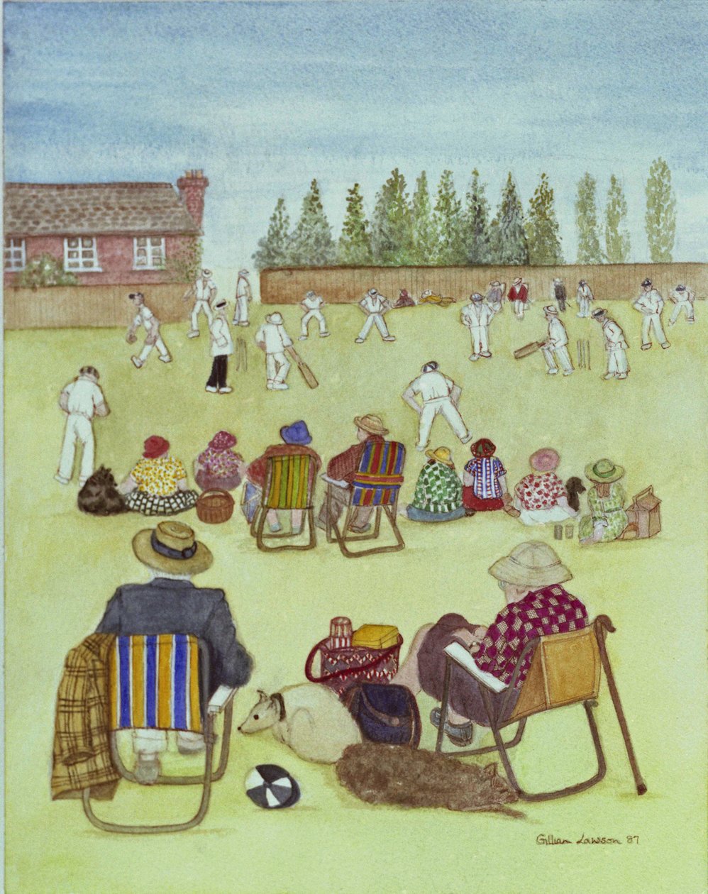 Cricket on the Green, 1987 (kağıt üzerine suluboya) by Gillian Lawson