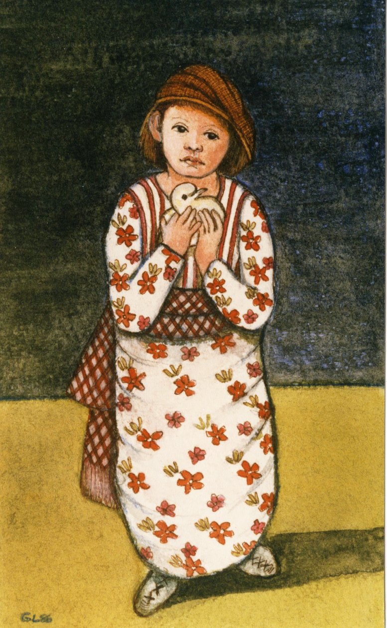 Güvercinli Kız, 1986 (kağıt üzerine sulu boya) by Gillian Lawson
