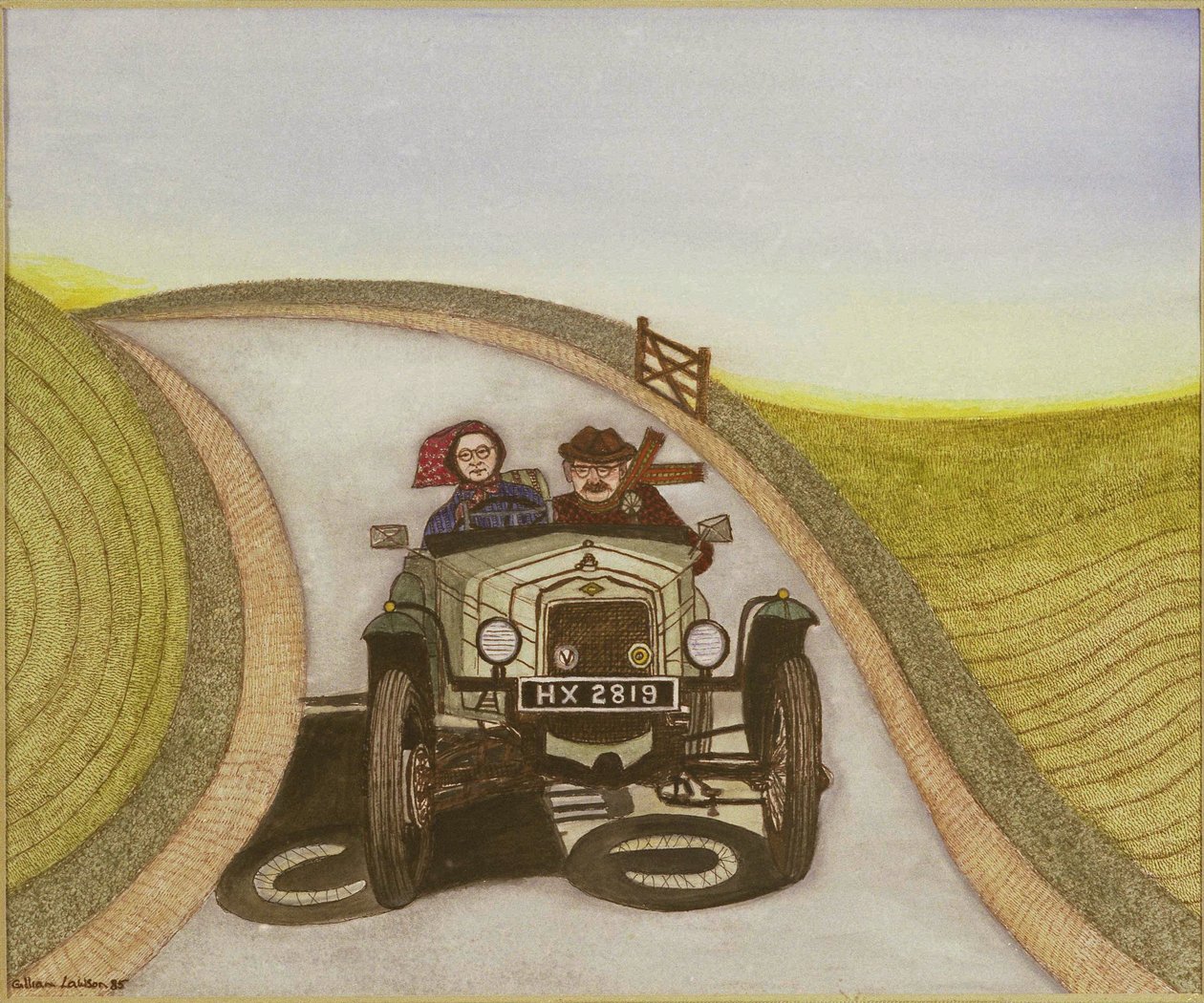 Motorcar, 1985 (kağıt üzerine sulu boya) by Gillian Lawson