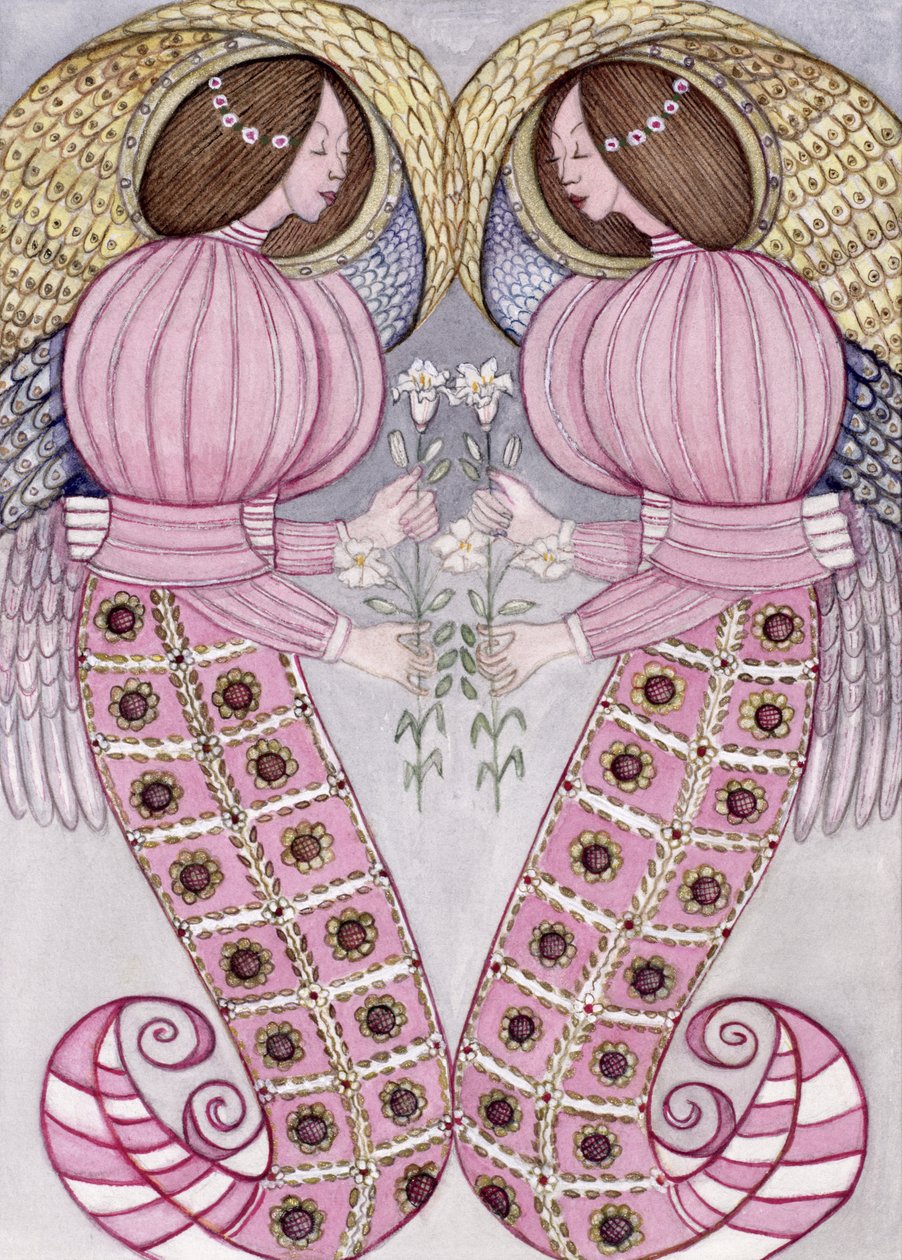 Kaplan zambakları tutan iki melek, 1995 (wc) by Gillian Lawson