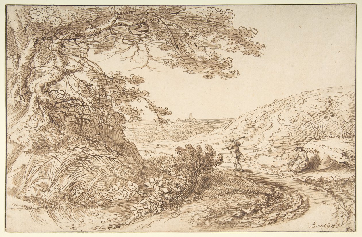 Landscape with old trees and figures by Gillis Neyts