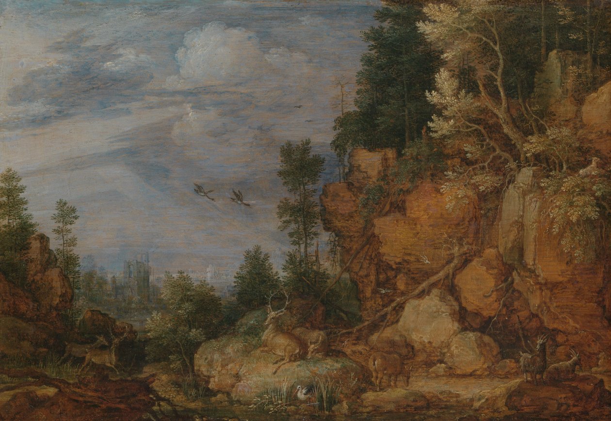 Geyik ve Keçi ile Kayalık Manzara by Gillis Claesz de Hondecoeter