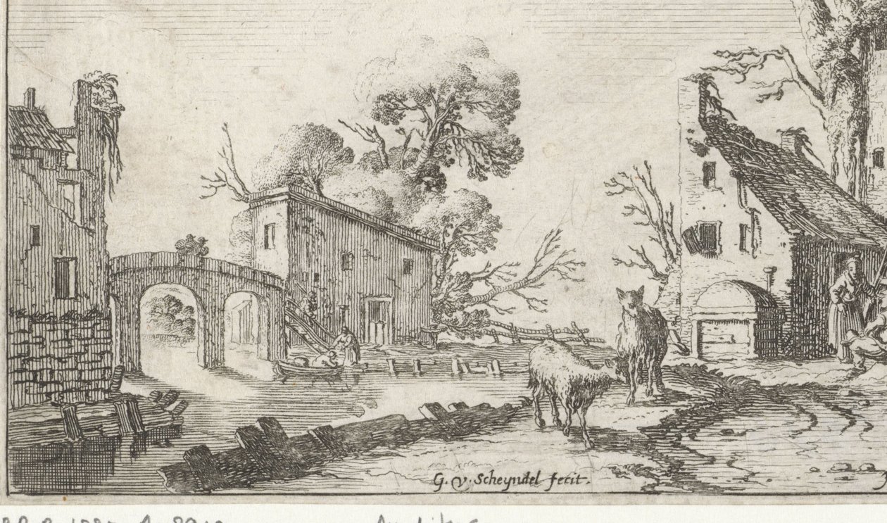 Bir nehirde çiftlik ve kule (het Heor) Beş duyu ile manzaralar (dizi başlığı) by Gillis van Scheyndel (I)