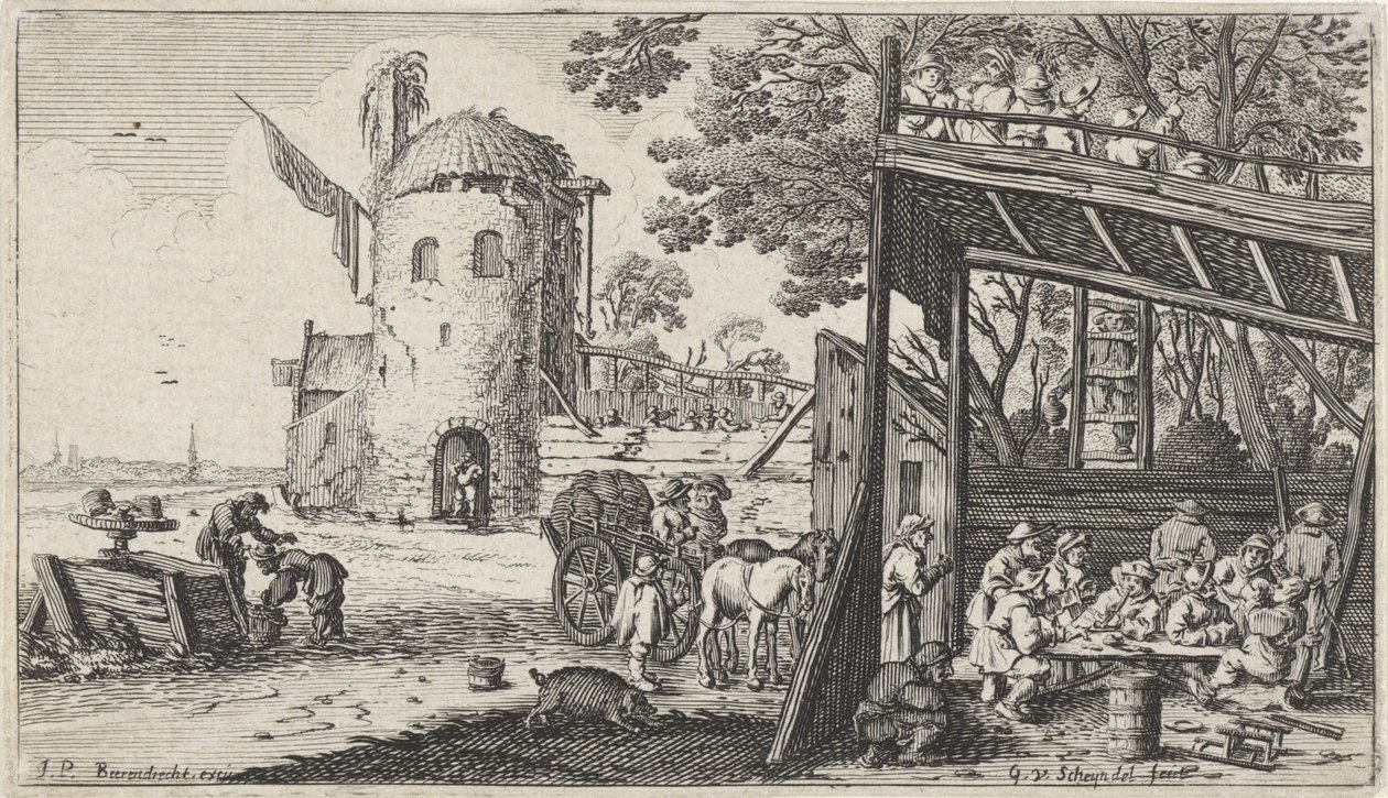 Bir ahırda bir masanın etrafındaki çiftçiler (Lezzet) Beş duyu ile manzaralar (dizi başlığı) by Gillis van Scheyndel (I)