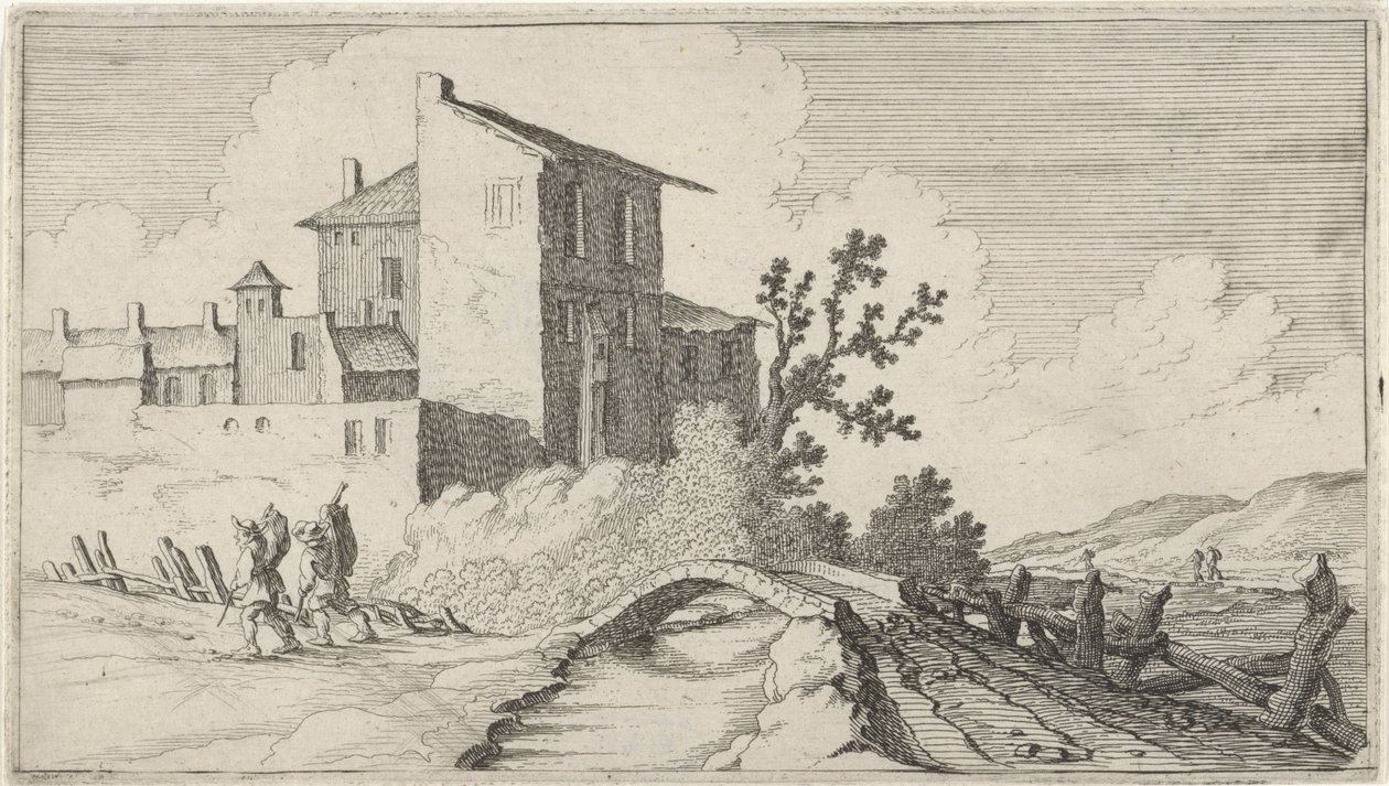 Duvarlarla çevrili binaların önünde köprü On iki manzara (dizi başlığı) by Gillis van Scheyndel (I)