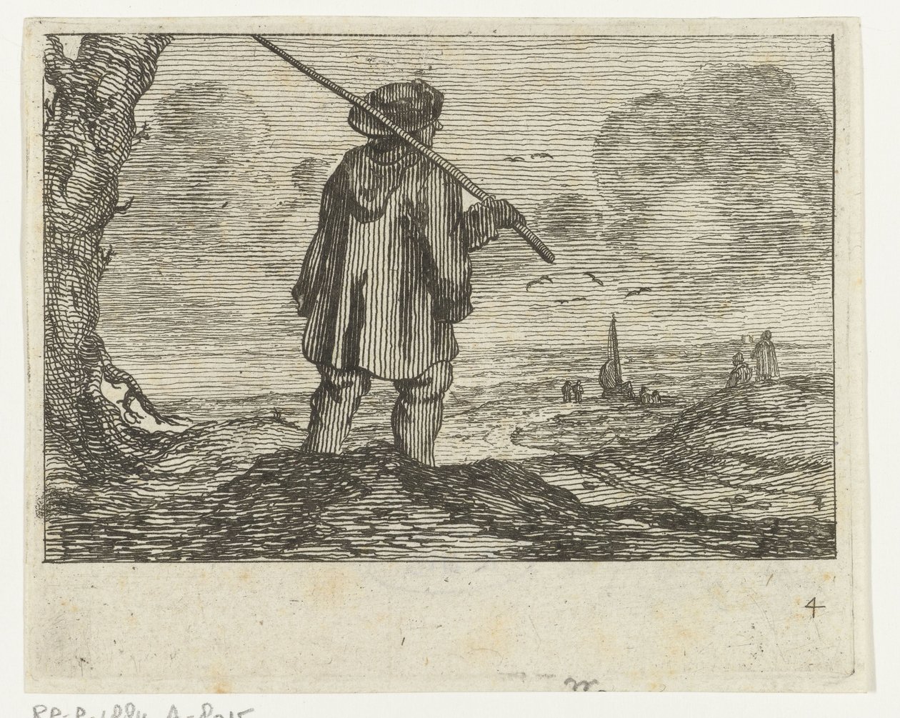 Omzunda bir asa olan bir adamla kumul manzarası Jan Percelles tarafından yapılan Verscheyden Plajları ve su manzaraları (seri başlığı) by Gillis van Scheyndel (I)