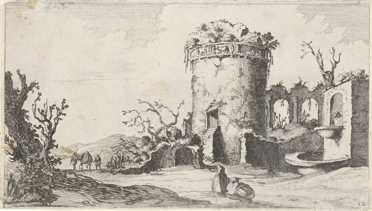 Yuvarlak bir kule ile harap çeşme On iki manzara (dizi başlığı) by Gillis van Scheyndel (I)