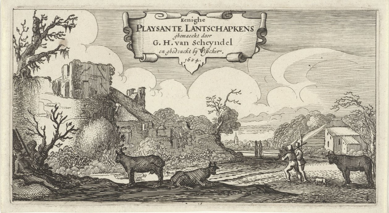 Rakamlarla on iki manzaranın başlık baskısı Eenighe Playsante Lantschapkens (nesne üzerinde başlık) Figürlü on iki manzara (dizi başlığı) by Gillis van Scheyndel (I)