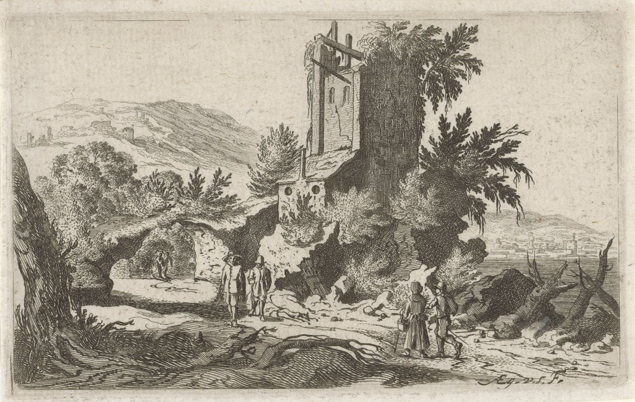 Yürüyüşçüler bir harabede Altı manzara (dizi başlığı) by Gillis van Scheyndel (I)