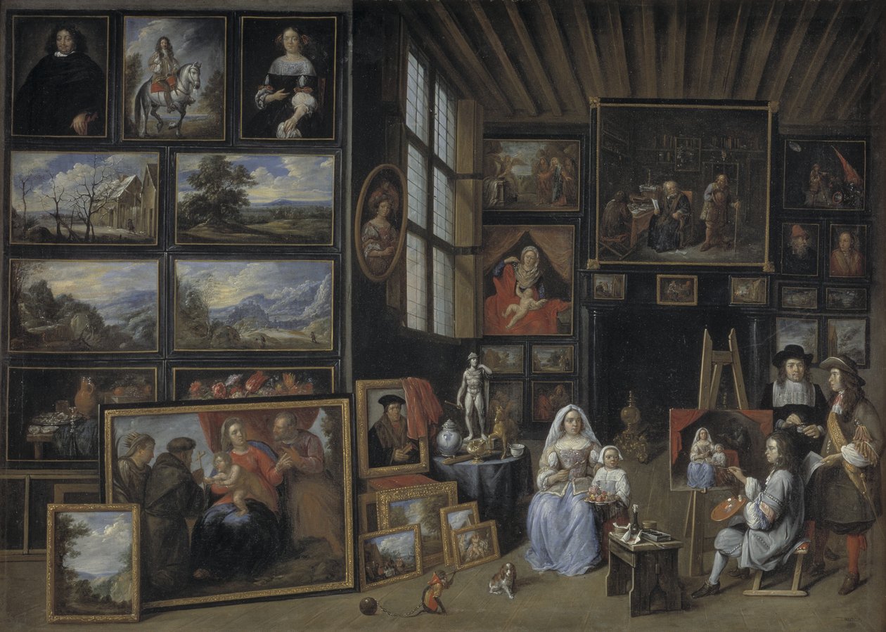 Bir Kadını ve Bir Kızı Resimleyen Bir Sanatçının Resim Galerisi. Resim Sanatının Alegorisi by Gillis van Tilborgh