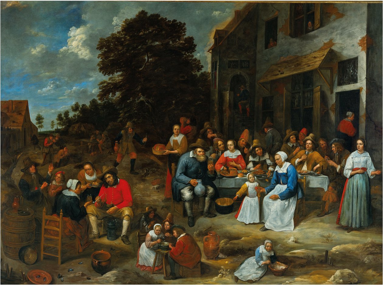 Bir tavernanın dışında ziyafet çeken bir topluluk by Gillis van Tilborgh