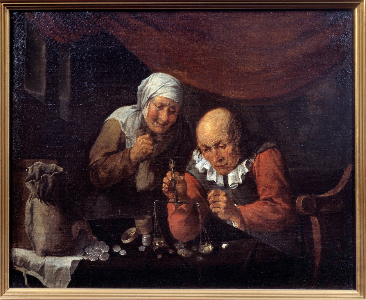 Açgözlü yaşlı çift, eşyalarını tartıyor. Gillis Van Tilborgh (veya Tilborch) tarafından yapılan boyama by Gillis van Tilborgh