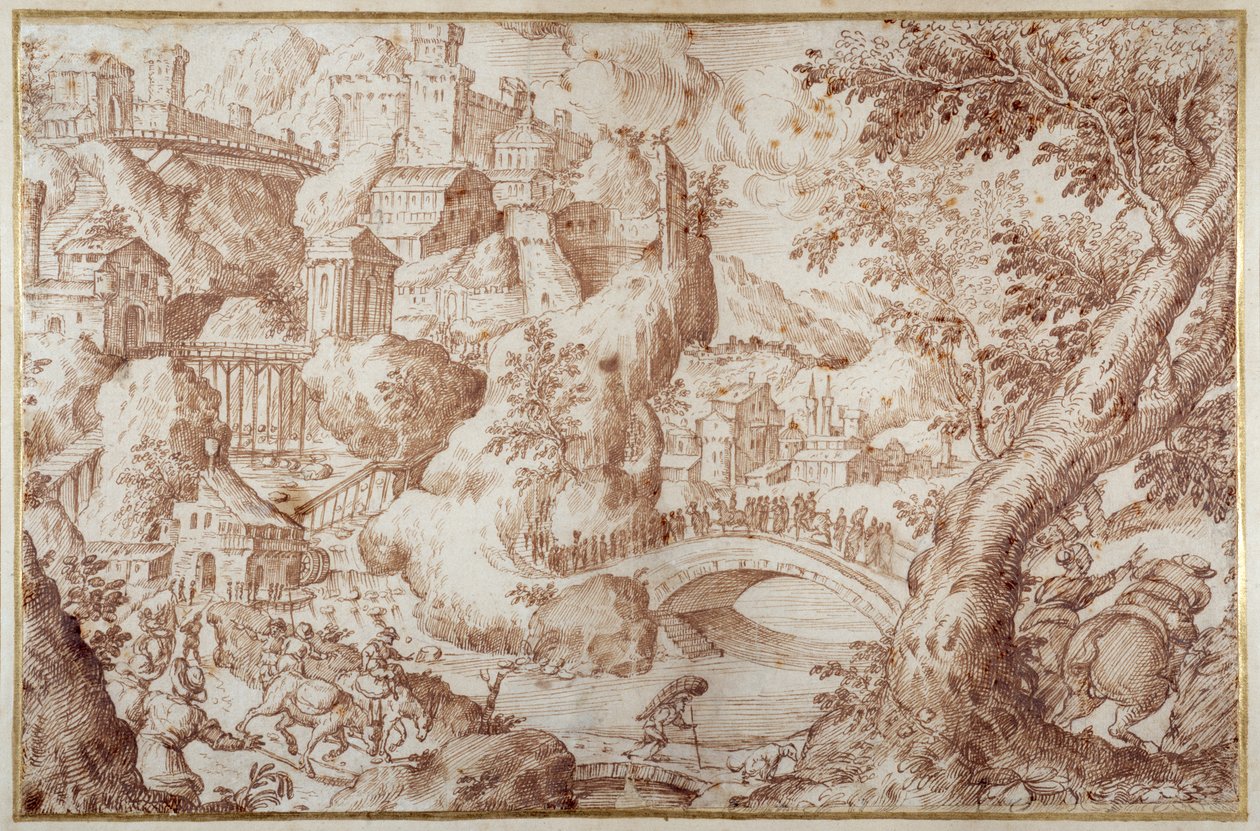 Nehirleri, bir şehri ve gezginleri kapsayan köprüleri olan muhteşem dağlık manzara (kahverengi cilalı kalem ve kahverengi mürekkep) by Gillis van Valckenborch