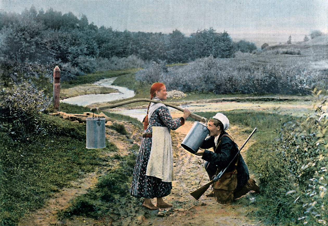 Bir avcı genç bir kadından içki alıyor, Rusya, c1890 by Gillot