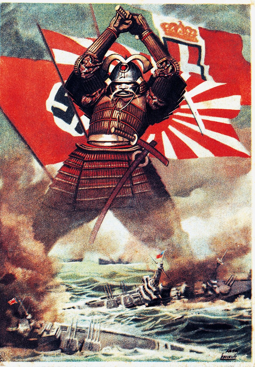 Japon samurayları Amerikan filosunu Pearl Harbor'da batırıyor (7 Aralık 1941), Gino Boccasile'nin posteri (1901-1952), II. Dünya Savaşı, İtalya, 20. yüzyıl by Gino Boccasile