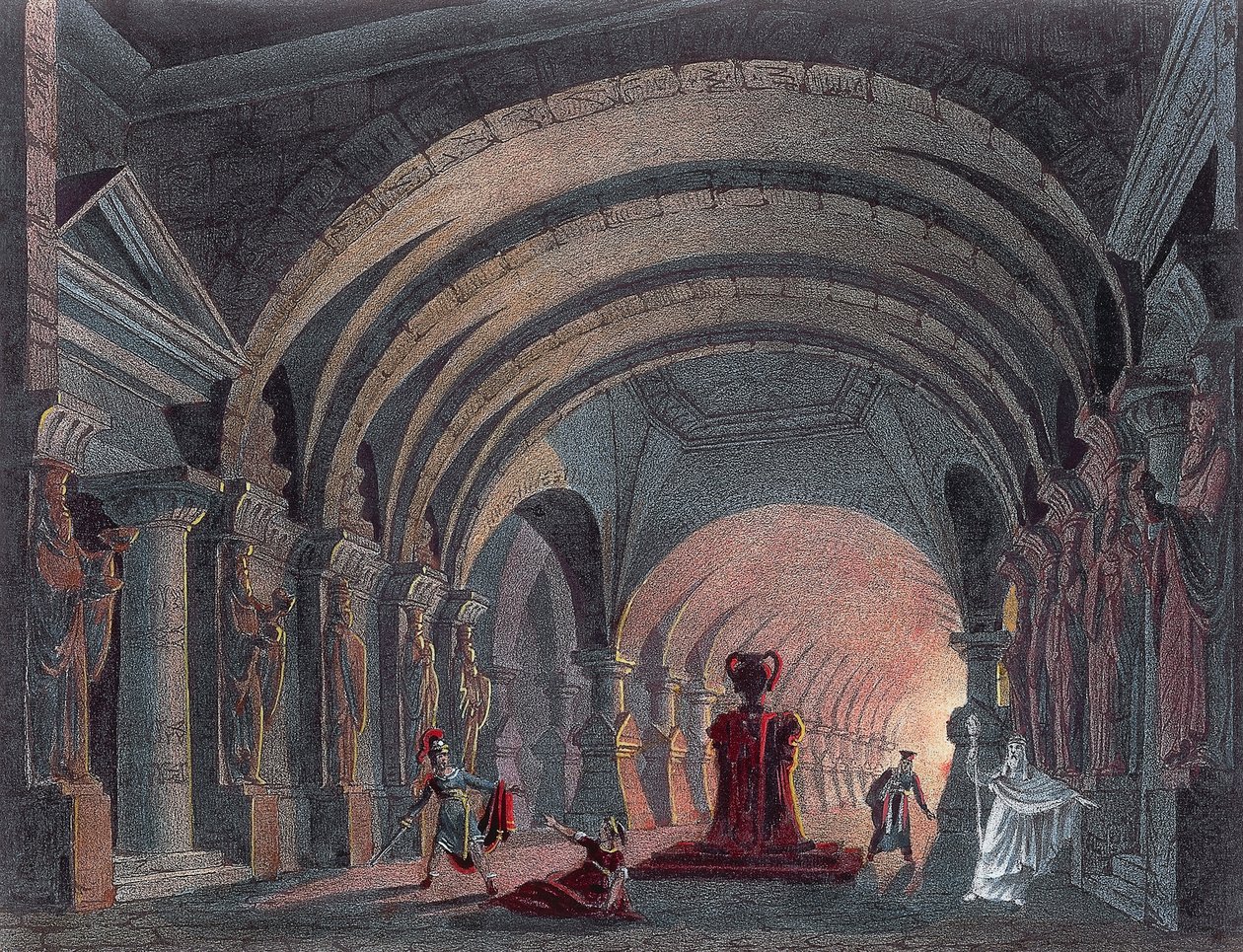 Gioacchino Rossini'nin (1792-1868) Semiramide IV. Perdesi için Senaryo, gravür by Gioachino Rossini