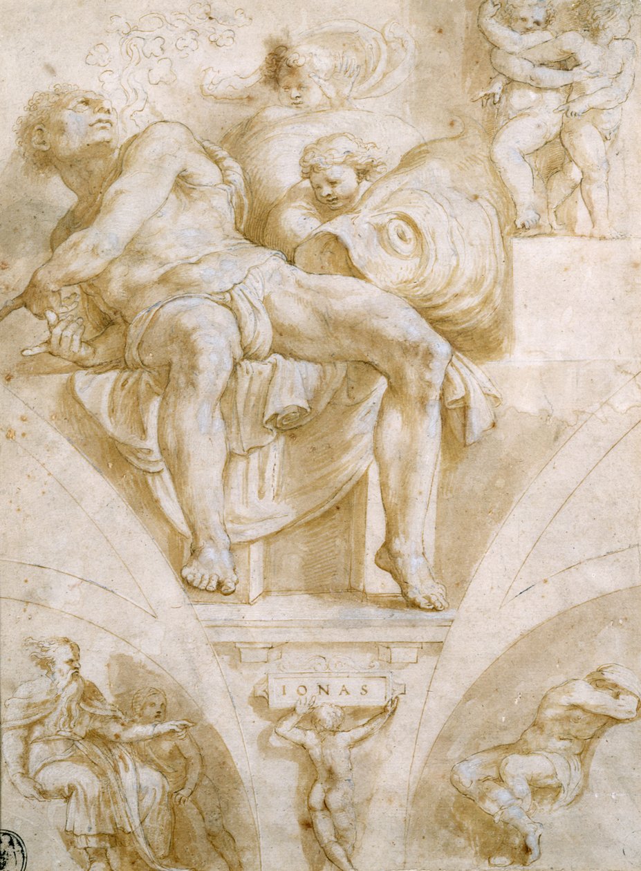 Yunus Peygamber ve İki Yok Edilmiş Lunet (Sistine Şapeli için tasarım) by Giorgio Giulio Clovio