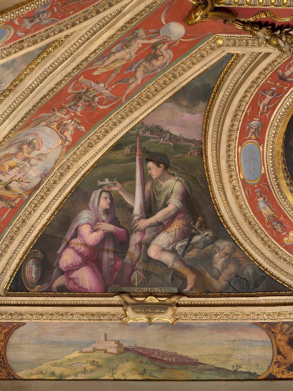 Allegory of Cortona; to the bottom, view of Montecarlo  by Giorgio Vasari