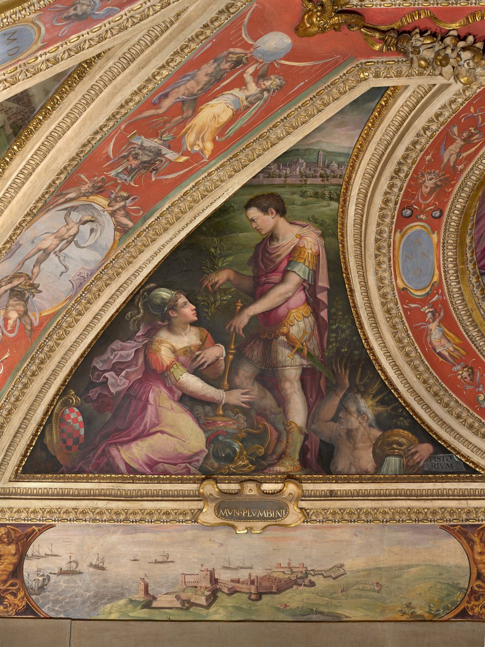 Allegory of Pistoia; to the bottom, view of Piombino  by Giorgio Vasari