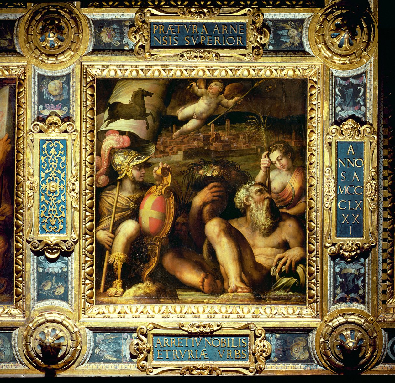 Arezzo kasabasının alegorisi, Salone dei Cinquecento'nun tavanından, 1565 (panel) by Giorgio Vasari