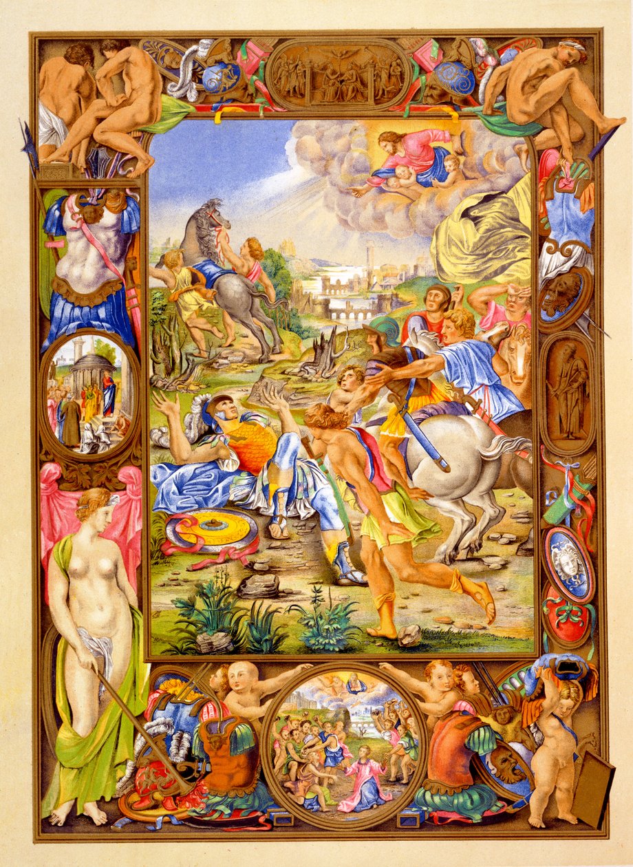 St Paul Mektupları Üzerine Yorumlardan Romalılara St Paul Dönüşümünün bir el yazması resminin tıpkıbasımı, ilk olarak C15. renkli lito yayınlandı by Giorgio Giulio Clovio